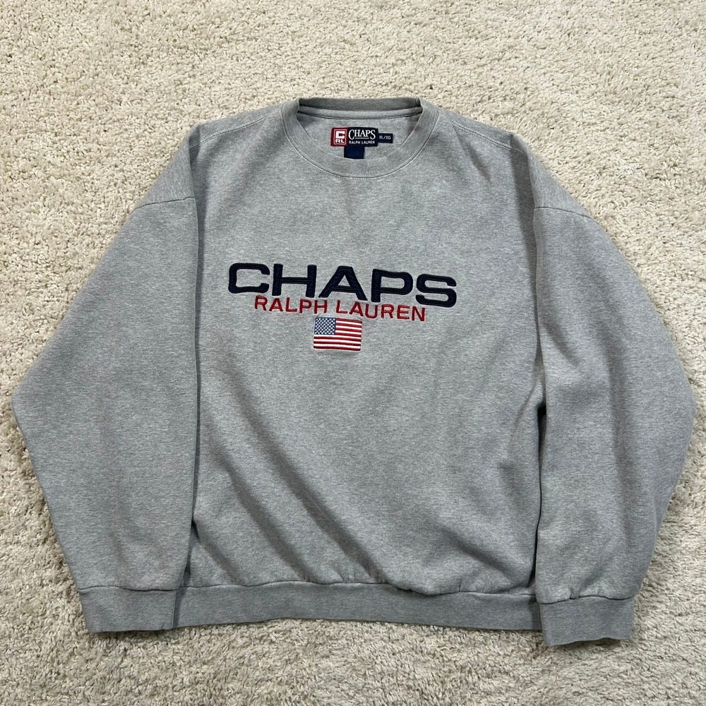 Vintage Chaps Ralph Lauren Sweatshirt XL Gray Spellout Logo American Flag USA